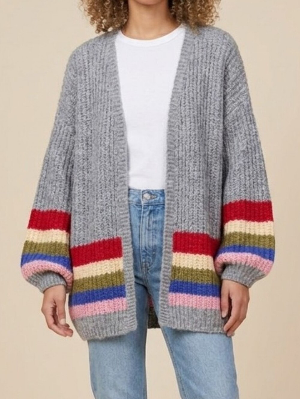 Chunky Knit Oversized Open Cardigan Balloon Sleeve Rainbow Stripe Sweater, L NWT - Picture 17 of 17
